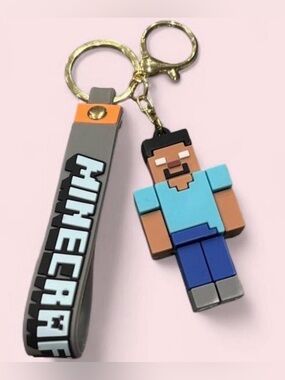 Minecraft Blue Character Rubber Keychain with Gray Strap